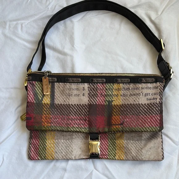 L.A.M.B. For Lesportsac Plaid Foldover Clutch with Black Strap and Gold Hardware - Picture 1 of 6